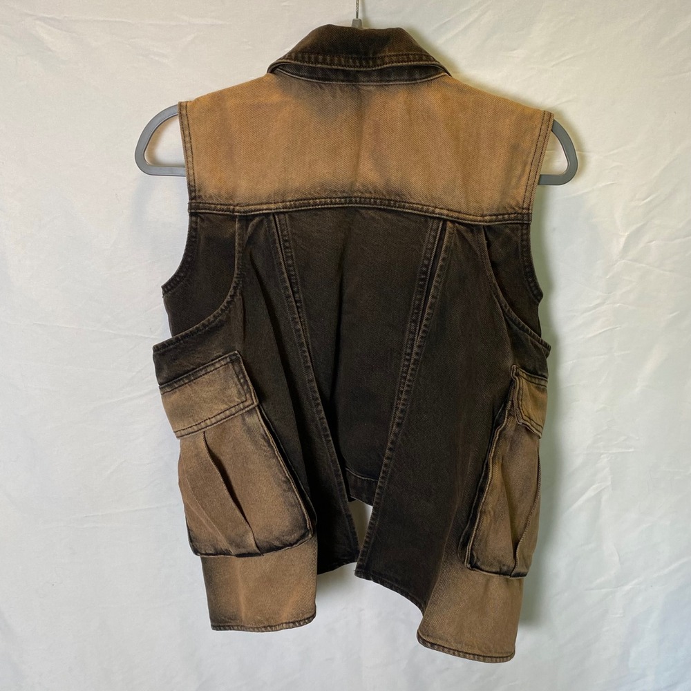 Wrangler Utility Vest Women Sample Brown Tint Black Denim Zip Cargo Grunge - Picture 5 of 10